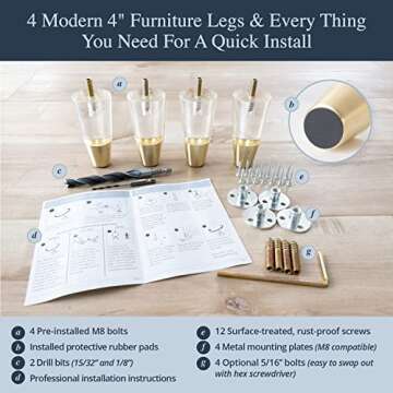 Acrylic Furniture Legs With Gold Caps - Mid Century Legs For Couch, Sofa, Chair, Table, Dresser, Bed, Cabinet - Furniture Feet Are Easy To Install & Include Installation Hardware - Set of 4, 4 Inches