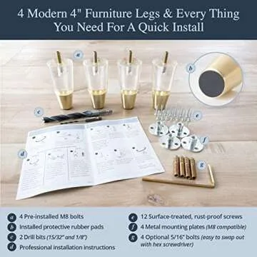 Acrylic Furniture Legs With Gold Caps - Mid Century Legs For Couch, Sofa, Chair, Table, Dresser, Bed, Cabinet - Furniture Feet Are Easy To Install & Include Installation Hardware - Set of 4, 4 Inches