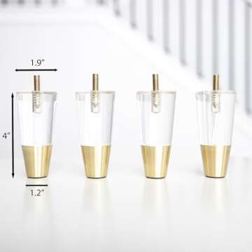 Acrylic Furniture Legs With Gold Caps - Mid Century Legs For Couch, Sofa, Chair, Table, Dresser, Bed, Cabinet - Furniture Feet Are Easy To Install & Include Installation Hardware - Set of 4, 4 Inches