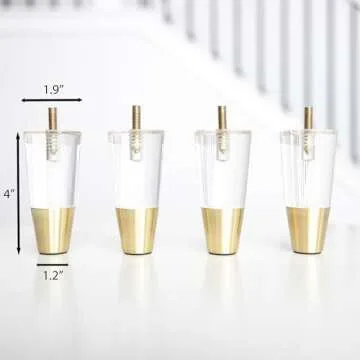 Acrylic Furniture Legs With Gold Caps - Mid Century Legs For Couch, Sofa, Chair, Table, Dresser, Bed, Cabinet - Furniture Feet Are Easy To Install & Include Installation Hardware - Set of 4, 4 Inches