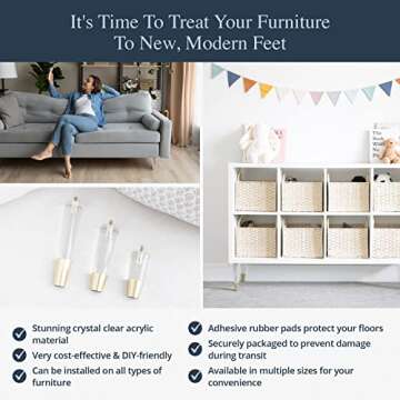 Acrylic Furniture Legs With Gold Caps - Mid Century Legs For Couch, Sofa, Chair, Table, Dresser, Bed, Cabinet - Furniture Feet Are Easy To Install & Include Installation Hardware - Set of 4, 4 Inches
