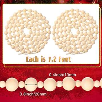 2 Pcs/ 14.4 Feet Christmas Wooden Beads Garland Xmas Wooden Tree Beads Rustic Round Craft Decorative...