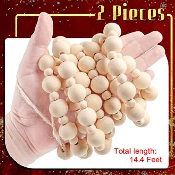 2 Pcs/ 14.4 Feet Christmas Wooden Beads Garland Xmas Wooden Tree Beads Rustic Round Craft Decorative Christmas Tree Farmhouse Decor Boho Vintage Garland for Christmas Decoration Supplies (Wood)
