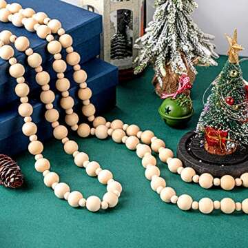 2 Pcs/ 14.4 Feet Christmas Wooden Beads Garland Xmas Wooden Tree Beads Rustic Round Craft Decorative Christmas Tree Farmhouse Decor Boho Vintage Garland for Christmas Decoration Supplies (Wood)