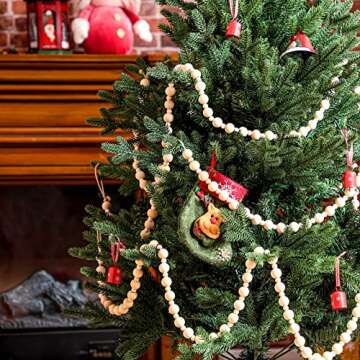 2 Pcs/ 14.4 Feet Christmas Wooden Beads Garland Xmas Wooden Tree Beads Rustic Round Craft Decorative Christmas Tree Farmhouse Decor Boho Vintage Garland for Christmas Decoration Supplies (Wood)