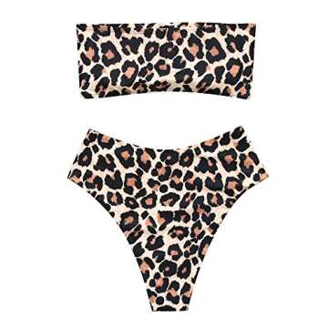 OMKAGI Women's 2 Pieces Bandeau Bikini Swimsuits Off Shoulder High Waist Bathing Suit High Cut(Small,Apricot Leopard)