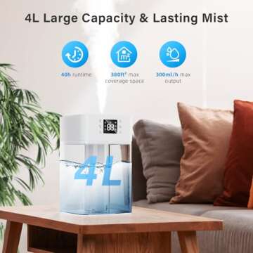 JRD 4L Humidifiers for Bedroom, Cool Mist Humidifier for Large Room, 40H Runtime, 360° Nozzle, Night Light for Home, Office, Baby Nursery, Plants