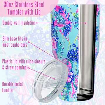 Lilly Pulitzer 30 Ounce Insulated Tumbler with Lid, Large Stainless Steel Travel Cup, Beach You To It