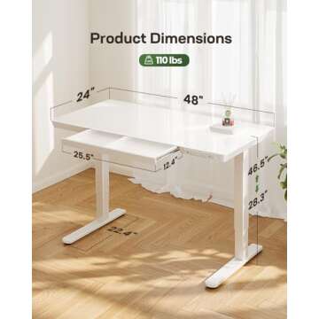 Marsail Glass Standing Desk with Drawer, 48 x 24 inch Electric Standing Desk, Height Adjustable Desk with One-Piece Tabletop & USB Charging Ports, Sit Stand Desk with Storage for Home & Office White