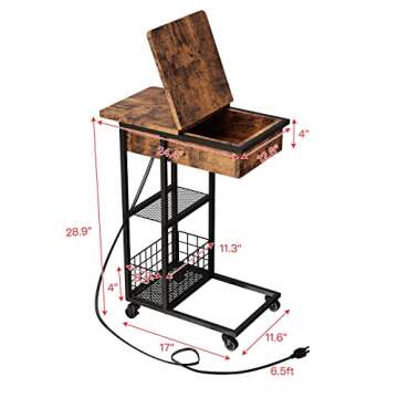 Side Table with Charging Station, Flip Top C Shaped End Table for Sofa Couch & Bed, C Table End Table with USB Ports and Outlets, Sofa Side Table with Storage Shelf for Small Spaces, Rustic Brown