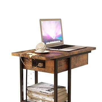 Side Table with Charging Station, Flip Top C Shaped End Table for Sofa Couch & Bed, C Table End Table with USB Ports and Outlets, Sofa Side Table with Storage Shelf for Small Spaces, Rustic Brown