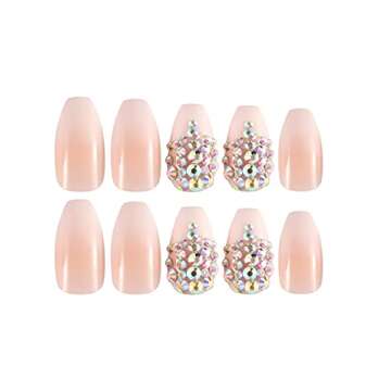 SIUSIO 24 Pcs French Nails Full Cover 3D Diamond Fake Nail Natural False Acrylic Nails Art Tips Sets for Daily Use