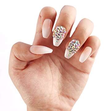 SIUSIO 24 Pcs French Nails Full Cover 3D Diamond Fake Nail Natural False Acrylic Nails Art Tips Sets for Daily Use