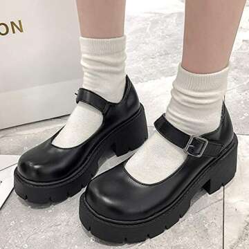 AOSPHIRAYLIAN Womens Mary Janes Shoes Round Toe Platform Ankle Strap Chunky Heel Black Uniform Dress Pumps Shoes
