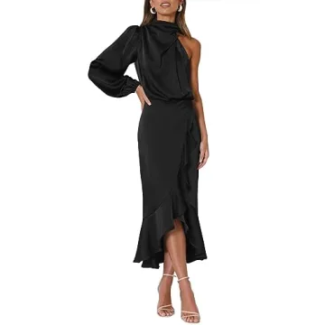 MITILLY Women's Elegant One-Shoulder Satin Evening Dress for Parties in Medium Black