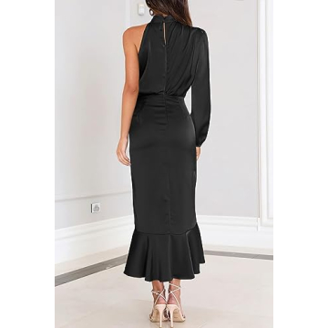 MITILLY Women's Satin One-Shoulder Cocktail Maxi Dress