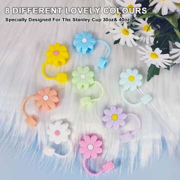 EXQUILEG Straw Covers Cap Fit for Stanley Cup, 8Pcs Silicone Flower Straw Toppers Compatible for Sta...