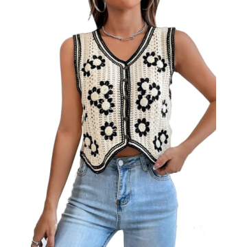 Chic Verdusa Women's Button Front V Neck Floral Pattern Sweater Vest