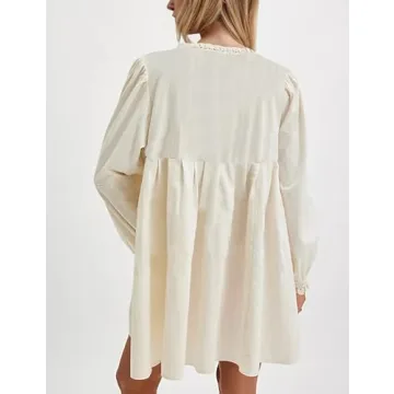 Dsewpaur Women Long Sleeve Tunic Mini Dress Bow Tie Lace A Line Square Neck Casual Loose Flowy Babydoll Dress White