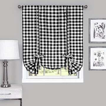 GoodGram Buffalo Check Plaid Gingham Custom Fit Farmhouse Window Curtain Tie Up Shades - Assorted Colors (Black)