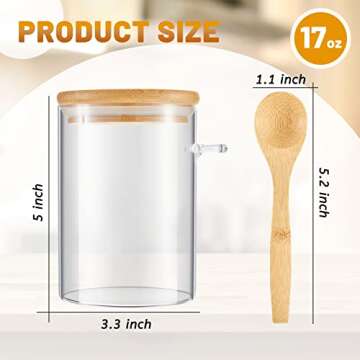 Tessco 2 Pack 17oz Glass Storage Jars with Bamboo Lid Spoons Clear Glass Food Storage Jars Glass Kitchen Canisters for Coffee Bar Sugar(17oz)