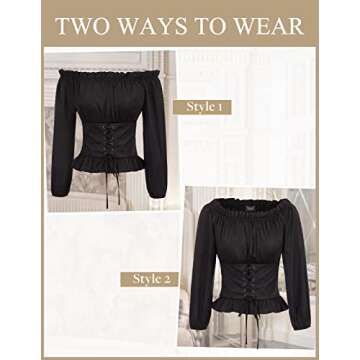 Scarlet Darkness Womens Black Renaissance Pirate Long Sleeve Shirt Off Shoulder Boho Corset Blouse T...