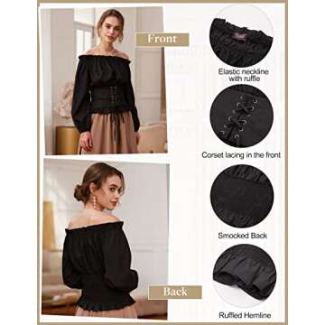 Scarlet Darkness Womens Black Renaissance Pirate Long Sleeve Shirt Off Shoulder Boho Corset Blouse Top (Black, XL)