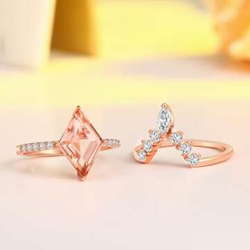 Elegant Pink Stone Stackable Engagement Ring Set Women