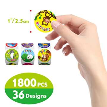 1800 Teacher Reward Encouragement Motivational Spanish Espanol Sticker in 36 Animal Designs for Teac...
