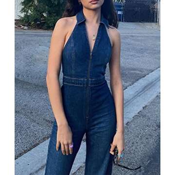 Glkaend Denim Jumpsuit for Women Sexy Slim Fit Zipper Sleeveless V-Neck High Waist Fashion Jean Pant...