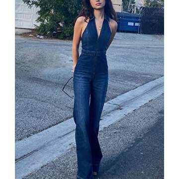 Glkaend Denim Jumpsuit for Women Sexy Slim Fit Zipper Sleeveless V-Neck High Waist Fashion Jean Pants Rompers,Blue,S