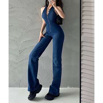 Glkaend Denim Jumpsuit for Women Sexy Slim Fit Zipper Sleeveless V-Neck High Waist Fashion Jean Pants Rompers,Blue,S