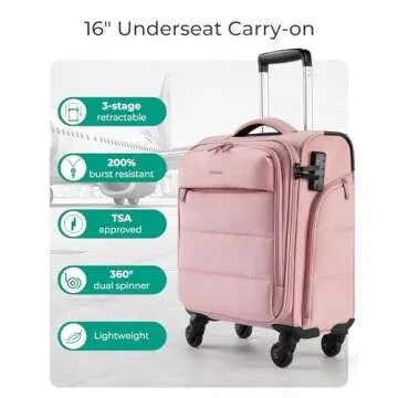 BAGSMART Underseat Carry on Luggage - Lightweight, Soft, Sakura Pink