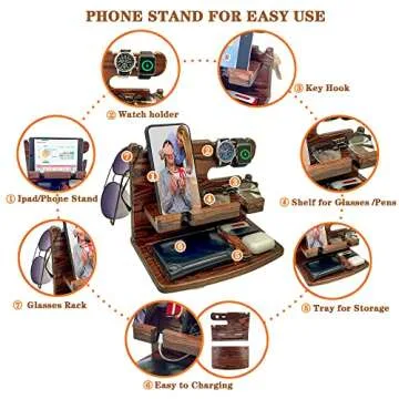 VEIYAILU Gifts for Men from Wife Nightstand Organizer for Men Wood Phone Docking Station, Gift Ideas for Father's Day, Christmas, and Valentine's Day (Brown)