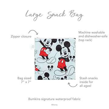 Bumkins Disney Reusable Sandwich and Snack Bags, for Kids School Lunch and for Adults Portion, Washable Fabric, Waterproof Cloth Zip Bag, Travel Pouch, Food-Safe, Large, Mickey Mouse Classic