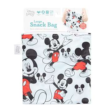 Bumkins Disney Reusable Sandwich and Snack Bags, for Kids School Lunch and for Adults Portion, Washable Fabric, Waterproof Cloth Zip Bag, Travel Pouch, Food-Safe, Large, Mickey Mouse Classic
