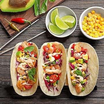 ZJZ Taco Holders 2 Packs - Stainless Steel Taco Stand Rack Tray, Reversible Tortilla Holder Tray Can Hold 2 or 3 Shells, Oven, Grill and Dishwasher Safe (Gold)