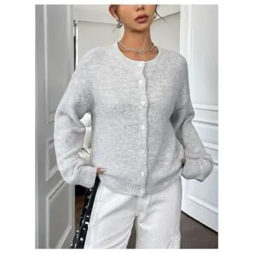 GORGLITTER Women's Button Up Knit Cardigan Open Front Fall Trendy 2024 Cute Long Sleeve Sweater Grey Medium