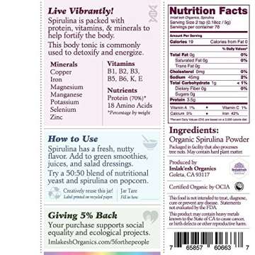 Imlak’esh Organics - Organic Spirulina Powder - Blue-Green Algae Powder - Superfood with Protein and Antioxidants - Vegan, Non-GMO, and Gluten Free (14oz Glass Jar)