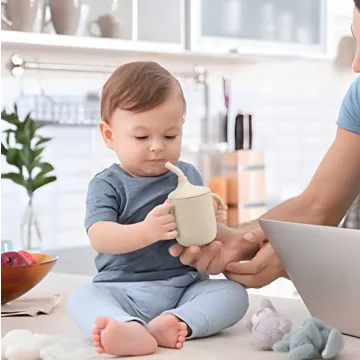 PandaEar 2 Pack 100% Tiny Silicone Drinking Training Cup with Handles & Straw for Baby and Toddler (White Blue)