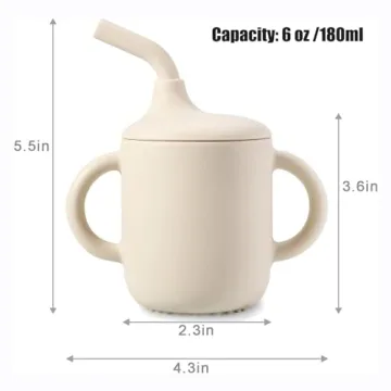 PandaEar 2 Pack 100% Tiny Silicone Drinking Training Cup with Handles & Straw for Baby and Toddler (White Blue)