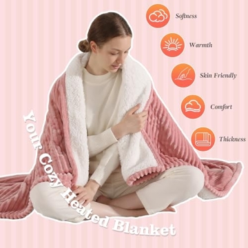 Heated Blanket Electric Throw 50"x60" Heating Blanket 450gsm Ribbed Flannel Sherpa Ultra-Soft with 5...