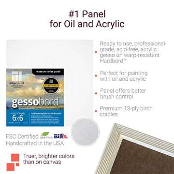 Ampersand Art Supply Gesso Wood Painting Panel: Museum Series Gessobord, 6" x 6", 1/8" Flat Profile,...