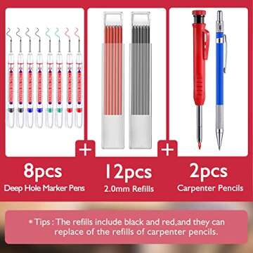 HEXMZUOA Mechanical Carpenter Pencils Kit,Multi-Purpose Deep Hole Marker Pens Deep Drill Hole Long Nib Marker Deep Hole Marker Pens Colorful Carpenter Pen for Woodworking