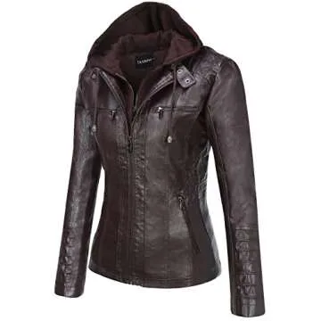 Tanming Women's Faux Leather Jacket with Removable Hood