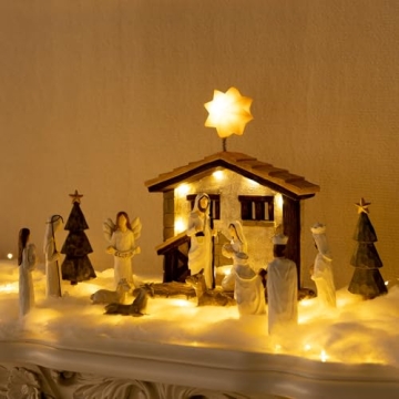 Nativity Set Indoor – 15 Pieces Christmas Nativity Scene Set with Manger, LED Star, Angel with Glo...