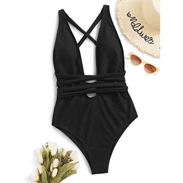 SweatyRocks Women's Sexy Basic Criss Cross Tie Knot Front Deep V Open Back One Piece Swimwear Z#Black L