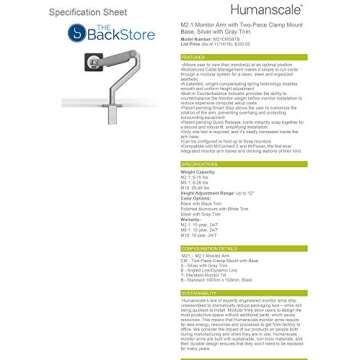 Humanscale M2.1 Adjustable Monitor Arm with Two-Piece Clamp Mount with Base - Silver M21CMSBTB