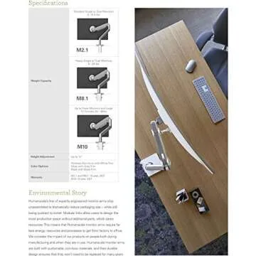 Humanscale M2.1 Adjustable Monitor Arm with Two-Piece Clamp Mount with Base - Silver M21CMSBTB