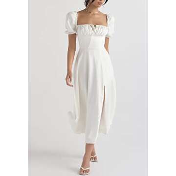 Women's Floral Cottagecore Dress Square Neck Puff Sleeve Boho Slit Maxi Dresses Solid White X-Large